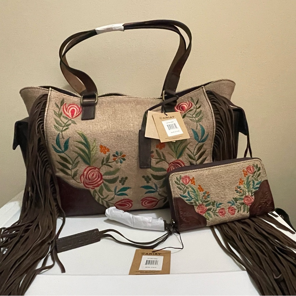 Ariat Satchel Audrey Collection Canvas Flower Fringe Brown A770010802